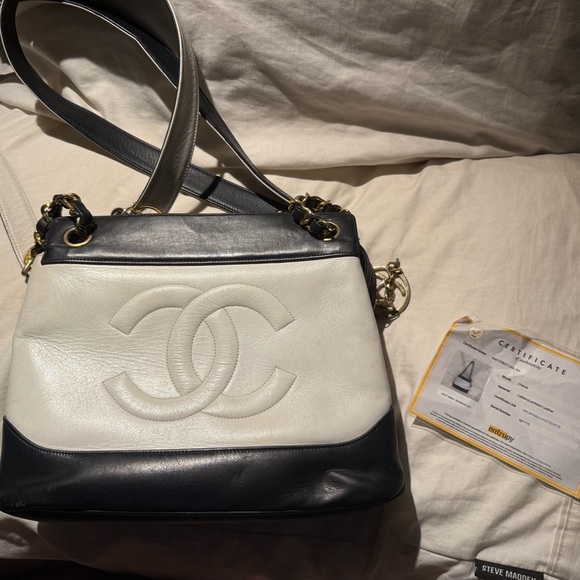 Vintage CC Lambskin Leather Chain Shopping Tote Bag Black/white - Picture 8 of 16